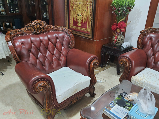 Bọc đệm ghế sofa gỗ cao cấp nhà anh Minh Cầu Giấy, Hà Nội